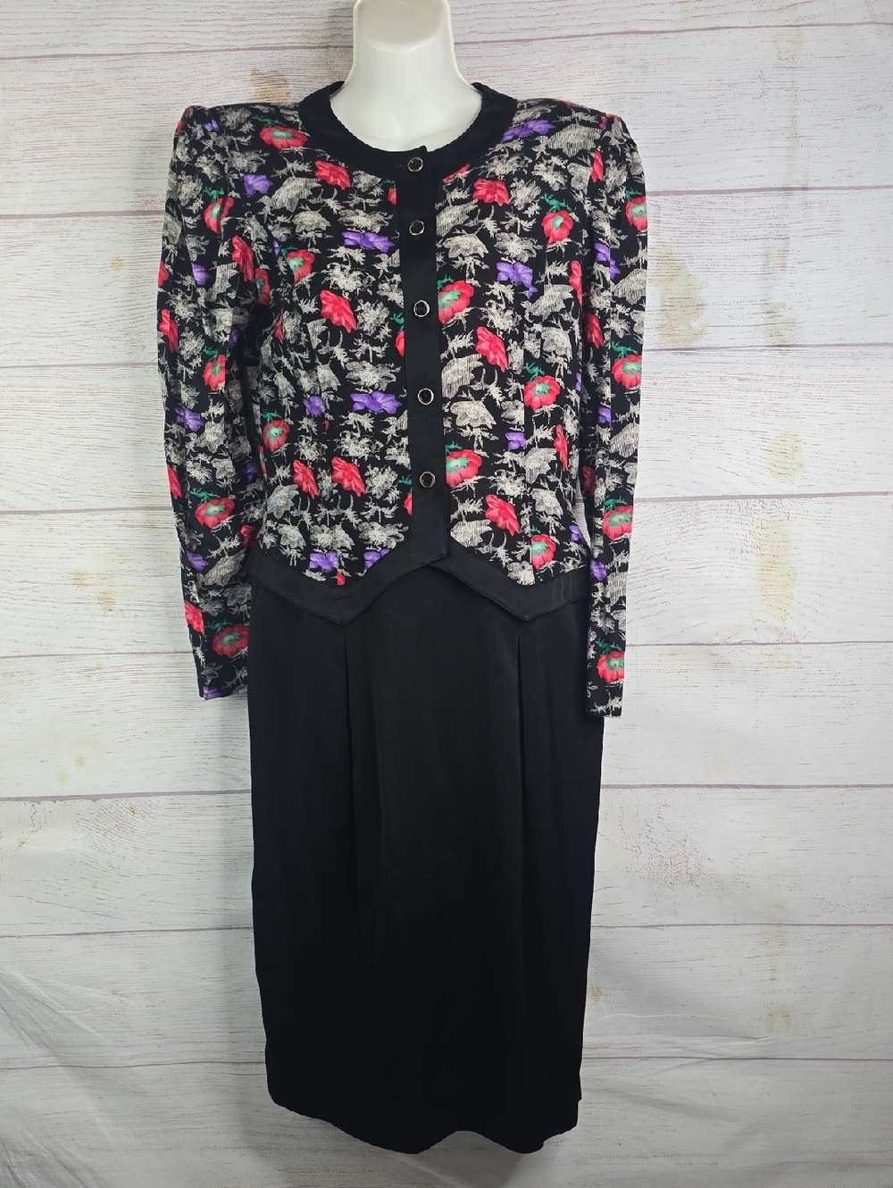 David Warren Vintage Black Floral Front Dress with Puff Shoulders Sz 8